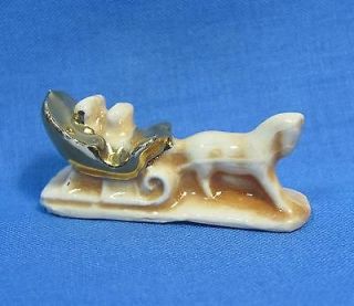 Vintage Tiny Horse Drawn Golden Sleigh Brown Glaze Miniature Ceramic 