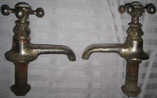   Antique Nickel Plated Brass Hot Cold Porcelain VTG Faucet Plumbing Set