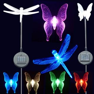 SOLAR GARDEN LIGHTS BUTTERFLY DRAGONFLY  SET OF 4  COLOUR CHANGING 