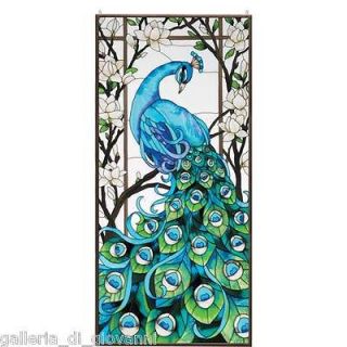 Regal Peacock Stained Glass Art Panel 37.5 x 17.5 Bird Estate Birds 