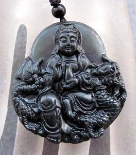 Kwan Yin Dragon Black Green Jade Amulet Pendant