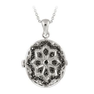 925 Silver Black Diamond Accent Filigree Oval Locket Necklace, 18