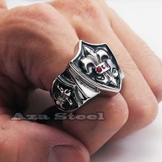 Mens Silver Fleur De Lis Knight Ruby CZs 316L Stainless Steel Ring US 