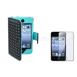 For iPod touch 4 4th G Gen Black/Blue Dot Leather Wallet Case Skin+LCD 