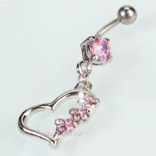   Heart Dangle Barbell Navel Belly Button Ring Pink Crystal Body Jewelry