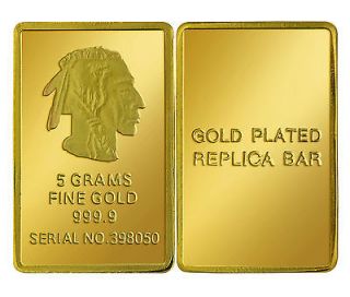 5x 5g FIVE GRAM .999 FINE GOLD CLAD INDIAN ART BULLION BAR NATIVE 