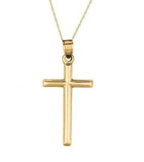 14k Solid Yellow Gold Tubular Cross Necklace Pendant 18 Chain