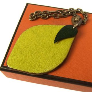 Auth HERMES Keychains With Fruit Charm Keyring Yellow Leather With Box 