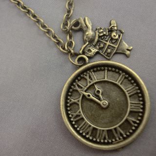Alice in Wonderland Antique Gold Bronze Clock Watch with Rabbit 