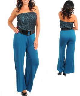 Women Sexy Plus Size Teal Elegant Sequined Strapless Jumpsuit Romper 