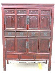 Gorgeous Wood Chinese Kitchen Cabinet Dark Hand Painted Red Black EUC