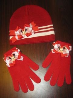   White Minnie Mouse Winter/Fall Boutique Stacked Bow Hat & Gloves Set