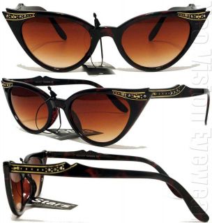 Rhinestone Cat Eye Sunglasses Vintage Style Brown Lens Tortoise K17
