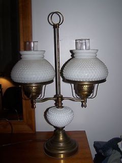   Double Brass Student Desk Lamp W/ Milk Glass Shades & Hurricane