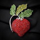 12 Ladies Red Rhinestone Strawberry Olivine Leaf Brooch Pin 