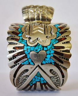   American Indian Sterling Silver Turquoise Coral Cuff Watch Bracelet