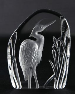 Lead Crystal Heron and Reeds Paperweight Wedgwood Acid Etched