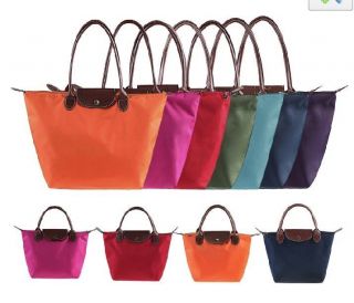   Leather Handle Tote Shopping Bag Nylon WaterProof Colorful Handbag