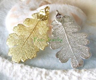   Gold Dip Real Leacey Oak Leaf Pendant Necklace Earrings Filigree Charm