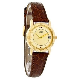 CITIZEN WOMENS BROWN LEATHER BAND WATCH w/DATE, GOLD CASE   EU0512 