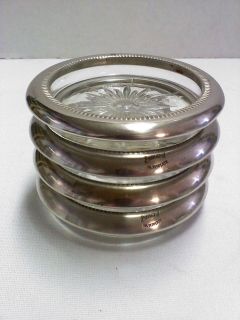 Leonard Silver Plate, Italy, set of 4 glass and silverplate coasters