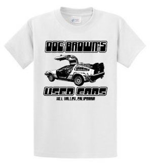 DOC BROWNS USED CARS T SHIRT BACK TO THE FUTURE DELOREAN FUNNY MOVIE 