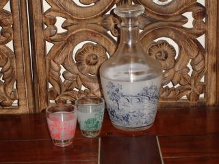vintage FRENCH liquor DECANTER glass bar set TOILE SHABBY COUNTRY CHIC 