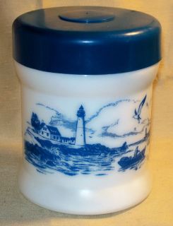 WHITE MILK GLASS ~ CANISTER WITH LID ~ LIGHTHOUSE AND HARBOR SCENE IN 