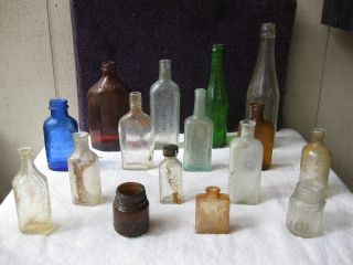 Vintage Glass Bottles lot of 16 Old Medicine Extracts Balms soda 