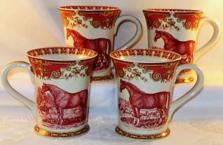 Four Red & Cream Transferware Equestrian Horse Mug Cups Victorian 