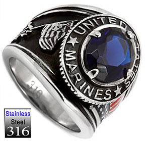 Mens Montana Blue CZ US Marines Military Stainless Steel Ring