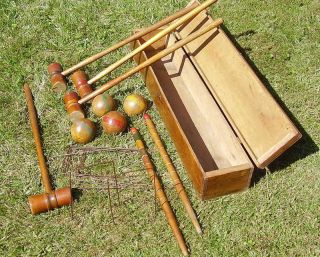 Antique Wood WOODEN Old BOXED Vintage CROQUET Full SET   Early  