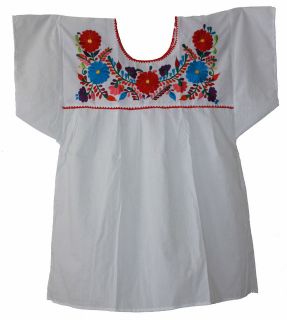 White Mexican Blouse Hippie Peasant Embroidered Size Top S, M, L, XL 