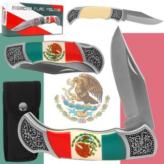 25 Inch Mexican Flag Folding Pocket Knife with Sheath