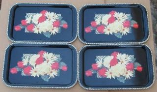 Vintage Mid Century Metal Lap Lunch TV Trays 4 Black with White & Red 