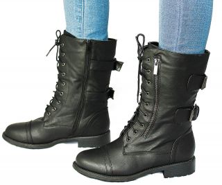 New Womens TP27 Black Buckle Mid Calf Military Combat Boots USA Sz 5.5 