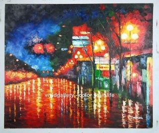 Pallet knife Stock Signed Oil Painting 24x20 Night Rain Street Lamp 