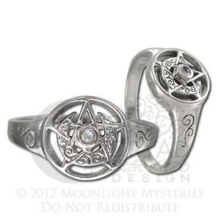   Silver Crescent Moon Pentacle Pentagram Ring Moonstone  Dryad Design