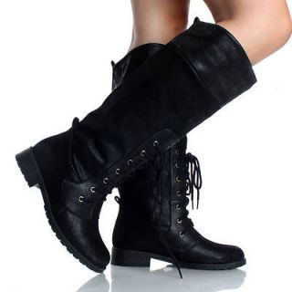 Lace Up Knee High Boots Combat Riding Motorcycle Black Flat Womens 