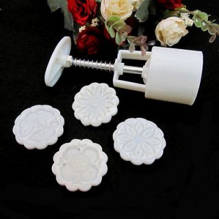 Moon Cake Mold Mould Maker Flowers Round 4 Stamps Kitchen Decorating 