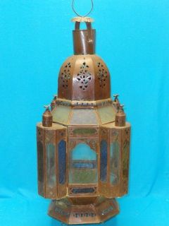 LARGE VINTAGE MOROCCAN LANTERN CHANDELIER with COLORED GLASS ~ 27