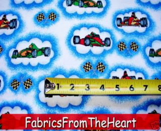 Indy Race Cars Checker Flag in Clouds 1 5/8 Yards Cotton FLANNEL 