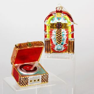 Retro 1950s JUKEBOX and PORTABLE RECORD PLAYER Christmas Ornaments 