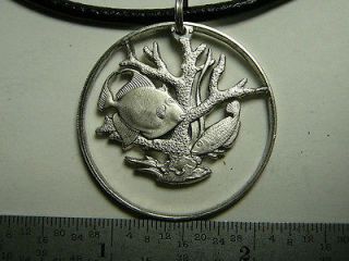   Fish Swimming w/ Coral Hand Cut Genuine $2 Coin 1973 Barbados Necklace