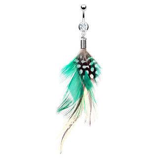 FEATHERS CZ BELLY NAVEL RING DANGLE TRENDY GREEN BROWN FEATHER BUTTON 