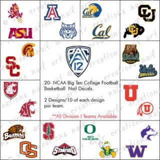 20  NCAA COLLEGE FOOTBALL BASKETBALL WATER SLIDE NAIL DECALS **PAC 12 