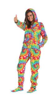 NEW ADULT HOODED FOOTED PAJAMAS   COZY   TIE DYE   LARGE