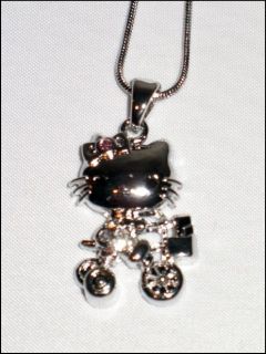 CUTE SILVERTONE KITTY on BIKE NECKLACE CLEAR CRYSTALS