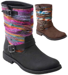 NEW Womens Tribal Thread Yarn Wrap Low Heel Mid Calf Buckle Boots 
