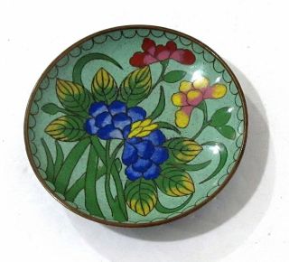 Beautiful Vintage Cloisonne Floral Flower Enamel On Copper Dish Bowl